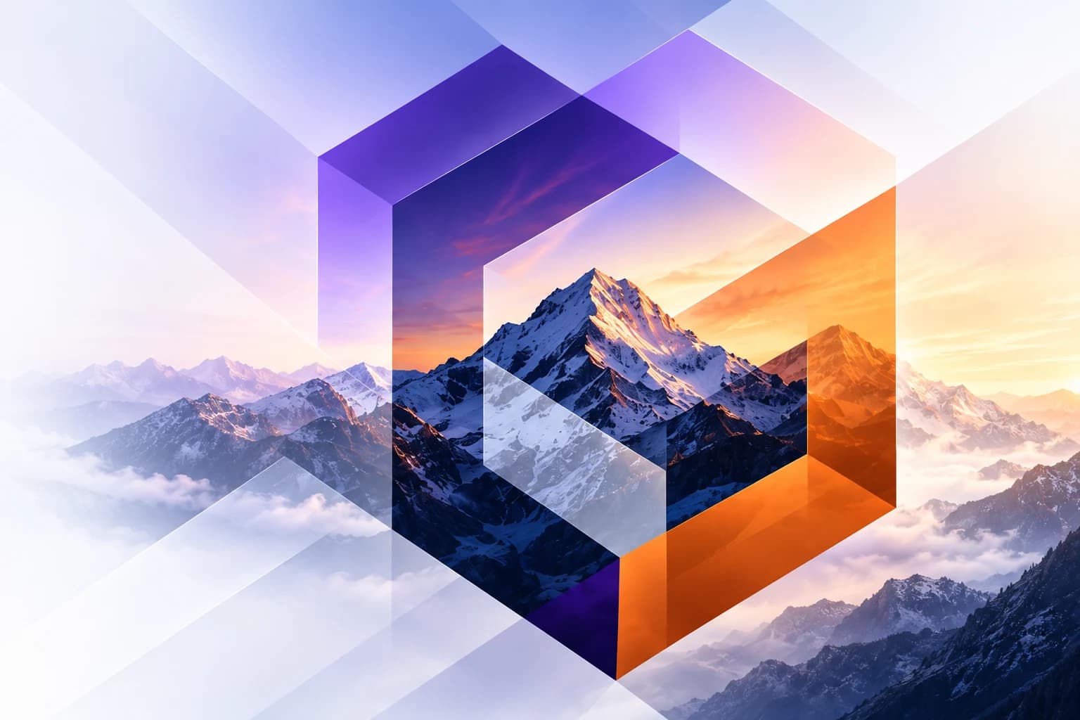 A geometric frame inspired by the eData Advisory mark, revealing a mountain peak at sunrise — the ascent from financial complexity to clarity